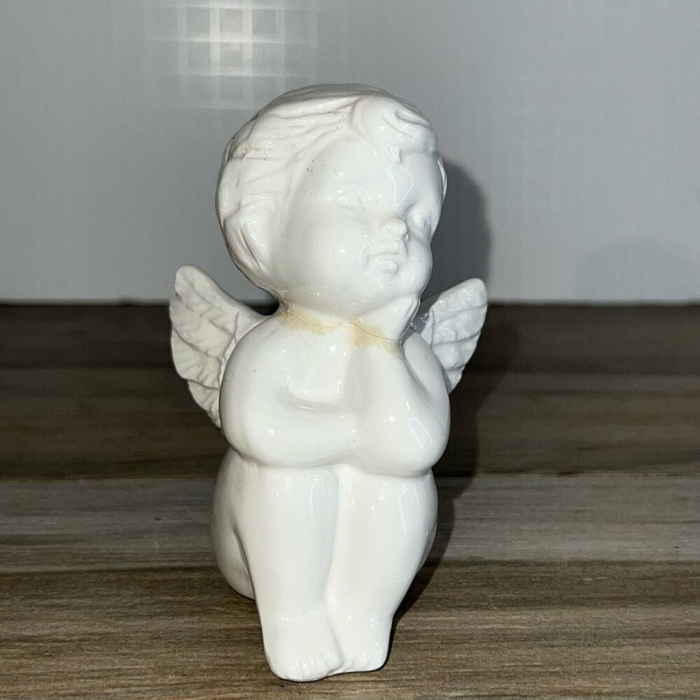 Malco Kneeling Angel In Thought Figurine White Ceramic Angel Figurine Cherub